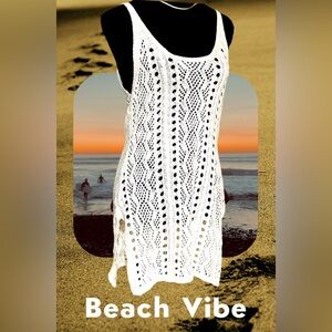White Crochet Knit Swim Cover Up – Sleeveless Boho Beach Dress
